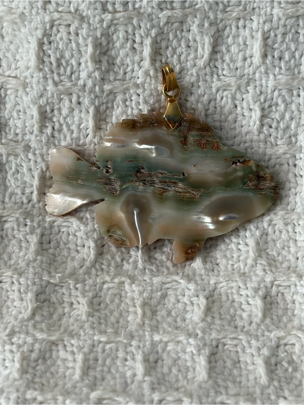 Vintage Carved Iridescent Abalone Shell Fish Pendant On A Gold Tone Bail